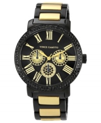 With a bevy of golden accents and finishing touches, this black steel watch from Vince Camuto has style to spare. With a bevy of golden accents and finishing touches, this black steel watch from Vince Camuto has style to spare.