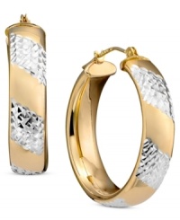 Beautifully etched with a candy stripe pattern, these cute hoop earrings are crafted in 14k gold over sterling silver and sterling silver. Approximate diameter: 3/4 inch. Beautifully etched with a candy stripe pattern, these cute hoop earrings are crafted in 14k gold over sterling silver and sterling silver. Approximate diameter: 3/4 inch.