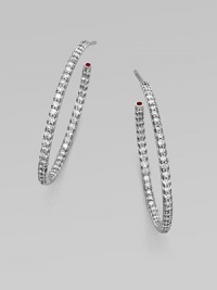 A brilliant, diamond encrusted design with rich ruby caps that is sure to stand out. Diamonds, .98 tcw18k white goldRuby end capsLength, about 1Post backMade in Italy A brilliant, diamond encrusted design with rich ruby caps that is sure to stand out. Diamonds, .98 tcw18k white goldRuby end capsLength, about 1Post backMade in Italy