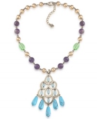 Pastel perfection. Carolee's elegant pendant features a beaded chain including amethyst (3-3/10 ct. t.w.) gold, and green glass beads and a turquoise-hued glass chandelier. Crafted in burnished gold-plated mixed metal. Approximate length: 16 inches + 2-inch extender. Approximate drop: 3-1/4 inches. Pastel perfection. Carolee's elegant pendant features a beaded chain including amethyst (3-3/10 ct. t.w.) gold, and green glass beads and a turquoise-hued glass chandelier. Crafted in burnished gold-plated mixed metal. Approximate length: 16 inches + 2-inch extender. Approximate drop: 3-1/4 inches.