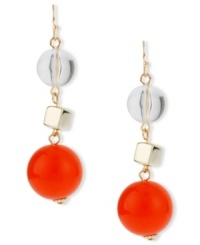 Three's company. Round orange-colored acrylic beads, gold tone cubes and clear round beads make Haskell's triple drop earrings a must-own for the season. Set in gold tone mixed metal. Approximate drop: 2-3/8 inches. Three's company. Round orange-colored acrylic beads, gold tone cubes and clear round beads make Haskell's triple drop earrings a must-own for the season. Set in gold tone mixed metal. Approximate drop: 2-3/8 inches.