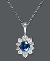 Give her a flower that will last a lifetime. Bella Bleu by Effy Collection's stunning pendant combines a large, round-cut blue diamond (3/8 ct. t.w.) with round-cut white diamonds as petals (3/4 ct. t.w.). Set in 14k white gold. Approximate length: 18 inches. Approximate drop: 11/16 inch. Give her a flower that will last a lifetime. Bella Bleu by Effy Collection's stunning pendant combines a large, round-cut blue diamond (3/8 ct. t.w.) with round-cut white diamonds as petals (3/4 ct. t.w.). Set in 14k white gold. Approximate length: 18 inches. Approximate drop: 11/16 inch.