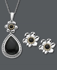 Petal perfection. Round and pear-cut onyx (4-5/8 ct. t.w.) adorns this matching floral pendant and earrings set. Set in sterling silver with 14k gold accents. Approximate length: 18 inches. Approximate diameter (stud): 1/3 inch. Petal perfection. Round and pear-cut onyx (4-5/8 ct. t.w.) adorns this matching floral pendant and earrings set. Set in sterling silver with 14k gold accents. Approximate length: 18 inches. Approximate diameter (stud): 1/3 inch.