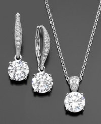 Sumptuous sparkle. This Eliot Danori pendant and earrings set features round-cut cubic zirconia (earrings: 1-1/4 ct. t.w. pendant: 3/4 ct. t.w.) set in rhodium-plated silvertone mixed metal. Pendant measures approximately 16 inches + 2-inch extender with a 1/2-inch drop. Earring drop measures approximately 1 inch. Sumptuous sparkle. This Eliot Danori pendant and earrings set features round-cut cubic zirconia (earrings: 1-1/4 ct. t.w. pendant: 3/4 ct. t.w.) set in rhodium-plated silvertone mixed metal. Pendant measures approximately 16 inches + 2-inch extender with a 1/2-inch drop. Earring drop measures approximately 1 inch.