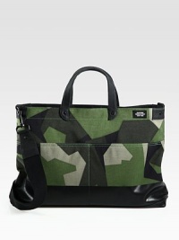 This geometric camo brief is has everything the weekday warrior needs to survive the urban jungle, with a water-resistant exterior and coated interior included for added durability and functionality.Zip closureDouble top handlesAdjustable, removable shoulder strapExterior slip pocketsInterior zip pocketsNylon12W x 17H x 3DImported This geometric camo brief is has everything the weekday warrior needs to survive the urban jungle, with a water-resistant exterior and coated interior included for added durability and functionality.Zip closureDouble top handlesAdjustable, removable shoulder strapExterior slip pocketsInterior zip pocketsNylon12W x 17H x 3DImported