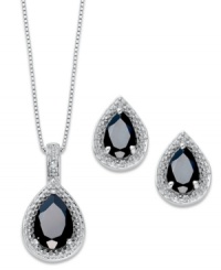Combined elegance. This matching pendant and stud earrings set feature beautiful, pear-cut onyx gemstones (4-1/5 ct. t.w.) encircled by diamond accents. Set in sterling silver. Approximate necklace length: 18 inches. Approximate drop: 7/8 inch. Approximate earring diameter: 1/2 inch. Combined elegance. This matching pendant and stud earrings set feature beautiful, pear-cut onyx gemstones (4-1/5 ct. t.w.) encircled by diamond accents. Set in sterling silver. Approximate necklace length: 18 inches. Approximate drop: 7/8 inch. Approximate earring diameter: 1/2 inch.