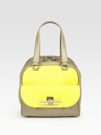 Vibrant python pairs with soft calfskin in a structured top-handle carryall finished with goldtone zipper details.Double top handles, 8 dropOne outside flap and zip pocketProtective metal feetOne inside zip pocketFully lined9½W X 10¼H X 6¼DMade in Italy Vibrant python pairs with soft calfskin in a structured top-handle carryall finished with goldtone zipper details.Double top handles, 8 dropOne outside flap and zip pocketProtective metal feetOne inside zip pocketFully lined9½W X 10¼H X 6¼DMade in Italy