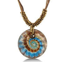 Blue and Gold Murano Glass Seashell Circle Pendant on 19 Inch Beaded Cord Necklace Blue and Gold Murano Glass Seashell Circle Pendant on 19 Inch Beaded Cord Necklace