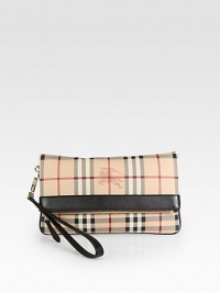 Iconic, check-print coated canvas accented with luxurious leather in a fold-over design.Detachable wrist strap, 9 dropTop zip with fold-over snap button closureOne zip pocket on flapFully lined9½W X 6H X 1DImported Iconic, check-print coated canvas accented with luxurious leather in a fold-over design.Detachable wrist strap, 9 dropTop zip with fold-over snap button closureOne zip pocket on flapFully lined9½W X 6H X 1DImported