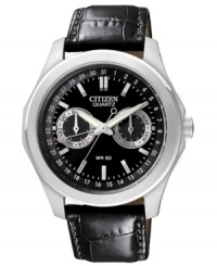 A finishing touch for business suits and vacation attire alike. This handsome Citizen watch features a multi-function dial and rich black leather. A finishing touch for business suits and vacation attire alike. This handsome Citizen watch features a multi-function dial and rich black leather.