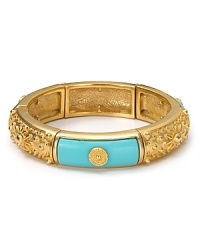 Exotic-jewels are big news this season, and T Tahari's stretch bracelet, featuring turquoise and gold plaques, is an easy way to nod to the trend. Slip it on to update your style. Exotic-jewels are big news this season, and T Tahari's stretch bracelet, featuring turquoise and gold plaques, is an easy way to nod to the trend. Slip it on to update your style.