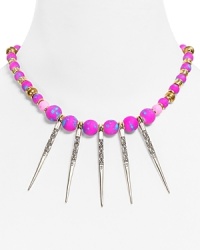 Equal parts punk and pretty, this Vanessa Mooney statement necklace flaunts edged up style with bold colored beads and plated silver spikes. Equal parts punk and pretty, this Vanessa Mooney statement necklace flaunts edged up style with bold colored beads and plated silver spikes.