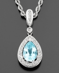 Elegant and refined, this aquamarine (1-1/2 ct. t.w.) drop necklace features a flurry of sparkling diamonds (1/4 ct. t.w.) cast in 14k white gold. Chain measures 18. Elegant and refined, this aquamarine (1-1/2 ct. t.w.) drop necklace features a flurry of sparkling diamonds (1/4 ct. t.w.) cast in 14k white gold. Chain measures 18.