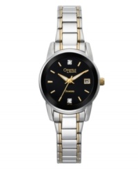 Subtle gold tone accents add an elegant edge to this watch by Caravelle by Bulova. Two-tone mixed metal bracelet and round case. Black enamel dial features diamond accents at twelve and six o'clock, gold tone stick indices, date window at three o'clock, three hands and logo. Quartz movement. Water resistant to 30 meters. Two-year limited warranty. Subtle gold tone accents add an elegant edge to this watch by Caravelle by Bulova. Two-tone mixed metal bracelet and round case. Black enamel dial features diamond accents at twelve and six o'clock, gold tone stick indices, date window at three o'clock, three hands and logo. Quartz movement. Water resistant to 30 meters. Two-year limited warranty.