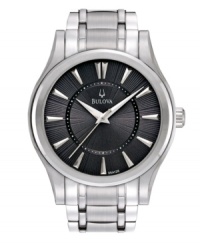 Sophistication that can't be denied. Watch by Bulova crafted of stainless steel bracelet and round case. Sunray textured charcoal gray dial features applied silver tone stick indices, three hands and logo. Quartz movement. Water resistant to 30 meters. Three-year limited warranty. Sophistication that can't be denied. Watch by Bulova crafted of stainless steel bracelet and round case. Sunray textured charcoal gray dial features applied silver tone stick indices, three hands and logo. Quartz movement. Water resistant to 30 meters. Three-year limited warranty.