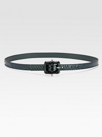 A pine green python style embellished with spike studs on the buckle. PythonBrass hardwareSits on the waistWidth, about 1Made in Italy A pine green python style embellished with spike studs on the buckle. PythonBrass hardwareSits on the waistWidth, about 1Made in Italy