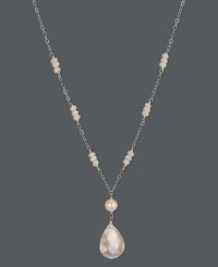 Pink sophistication. A dainty sterling silver chain plays host to pink cultured freshwater pearls (5-5-1/2 mm) and a rose quartz teardrop (13-1/2 ct. t.w.). Approximate length: 16 inches. Approximate drop: 1 inch. Pink sophistication. A dainty sterling silver chain plays host to pink cultured freshwater pearls (5-5-1/2 mm) and a rose quartz teardrop (13-1/2 ct. t.w.). Approximate length: 16 inches. Approximate drop: 1 inch.