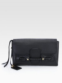 An oversized flap-top shape in pebble-grain leather with intricate front braided details. Flap closureInner zip compartmentTwo inside open pocketsFully lined15W X 9H X 2DMade in Italy An oversized flap-top shape in pebble-grain leather with intricate front braided details. Flap closureInner zip compartmentTwo inside open pocketsFully lined15W X 9H X 2DMade in Italy