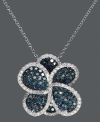 Draw attention to your neckline in this beautiful bloom. Bella Bleu by Effy Collection's stunning pendant features an intricate floral shape with round-cut blue diamond petals (1-1/8 ct. t.w.) trimmed by sparkling white diamonds at the edges (3/8 ct. t.w.). Setting and chain crafted in 14k white gold. Approximate length: 18 inches. Approximate drop: 3/4 inch. Draw attention to your neckline in this beautiful bloom. Bella Bleu by Effy Collection's stunning pendant features an intricate floral shape with round-cut blue diamond petals (1-1/8 ct. t.w.) trimmed by sparkling white diamonds at the edges (3/8 ct. t.w.). Setting and chain crafted in 14k white gold. Approximate length: 18 inches. Approximate drop: 3/4 inch.