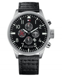 Focus on the things that matter. This handsome watch by Tommy Hilfiger features a black leather strap and round stainless steel case. Black dial with white numerals, date window, logo and four subdials. Quartz movement. Water resistant to 50 meters. Ten-year limited warranty. Focus on the things that matter. This handsome watch by Tommy Hilfiger features a black leather strap and round stainless steel case. Black dial with white numerals, date window, logo and four subdials. Quartz movement. Water resistant to 50 meters. Ten-year limited warranty.
