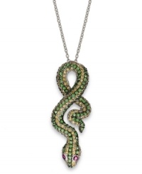 Get a little serpentine with your style. This edgy snake pendant is illuminated by round-cut yellow sapphires (1-9/10 ct. t.w.), tsavorite (2-1/4 ct. t.w.) and rubies (1/4 ct. t.w.). Set in sterling silver. Approximate length: 18 inches. Approximate drop: 2 inches. Get a little serpentine with your style. This edgy snake pendant is illuminated by round-cut yellow sapphires (1-9/10 ct. t.w.), tsavorite (2-1/4 ct. t.w.) and rubies (1/4 ct. t.w.). Set in sterling silver. Approximate length: 18 inches. Approximate drop: 2 inches.