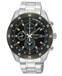 Confident design and trusted precision. Watch by Seiko crafted of stainless steel bracelet and round case. Black bezel with white numerals. Black chronograph dial features tachymeter scale, applied silver tone stick indices, white minute track, date window at three o'clock, three subdials, three hands and logo. Quartz movement. Water resistant to 100 meters. Three-year limited warranty. Confident design and trusted precision. Watch by Seiko crafted of stainless steel bracelet and round case. Black bezel with white numerals. Black chronograph dial features tachymeter scale, applied silver tone stick indices, white minute track, date window at three o'clock, three subdials, three hands and logo. Quartz movement. Water resistant to 100 meters. Three-year limited warranty.