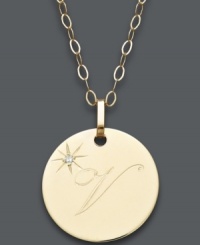Embrace the latest trend with a stylish initial pendant. Crafted in 14k gold, this circular style features the letter V with a diamond-accented star at the corner. Approximate length: 16 inches + 2-inch extender. Approximate drop: 3/4 inch. Embrace the latest trend with a stylish initial pendant. Crafted in 14k gold, this circular style features the letter V with a diamond-accented star at the corner. Approximate length: 16 inches + 2-inch extender. Approximate drop: 3/4 inch.