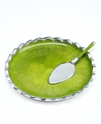 Full of surprises, this handcrafted collection of cake plates from the Simply Designz collection of serveware and serving dishes pairs sleek, polished aluminum with a fluted edge and electric lemongrass hue. With a coordinating server, there's no better way to enjoy dessert. Full of surprises, this handcrafted collection of cake plates from the Simply Designz collection of serveware and serving dishes pairs sleek, polished aluminum with a fluted edge and electric lemongrass hue. With a coordinating server, there's no better way to enjoy dessert.
