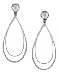 The bold and the beautiful. Large doubled teardrops add depth to Jessica Simpson's glass-accented post earrings. Set in satin rhodium-plated mixed metal. Approximate drop: 2-1/2 inches. The bold and the beautiful. Large doubled teardrops add depth to Jessica Simpson's glass-accented post earrings. Set in satin rhodium-plated mixed metal. Approximate drop: 2-1/2 inches.