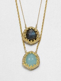 From the Elements Siyabona Collection. Two chains, two pendants and two stones form this striking style, both stones set in textured goldtone dotted with tiny Swarovski crystals.Peruvian chalcedony and labradoriteCrystalGoldtoneLength, about 16 with 3 extenderLobster claspMade in USA From the Elements Siyabona Collection. Two chains, two pendants and two stones form this striking style, both stones set in textured goldtone dotted with tiny Swarovski crystals.Peruvian chalcedony and labradoriteCrystalGoldtoneLength, about 16 with 3 extenderLobster claspMade in USA