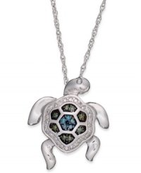 Step out of your shell and embrace your daring side. This pendant, set in sterling silver, dazzles with blue and green diamond accents (1/10 ct. t.w.) providing a lustrous touch. Approximate length: 18 inches. Approximate drop size: 3/4 inch by 3/4 inch. Step out of your shell and embrace your daring side. This pendant, set in sterling silver, dazzles with blue and green diamond accents (1/10 ct. t.w.) providing a lustrous touch. Approximate length: 18 inches. Approximate drop size: 3/4 inch by 3/4 inch.