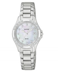 Luminous details shine on this charming Eco-Drive watch by Citizen. Luminous details shine on this charming Eco-Drive watch by Citizen.
