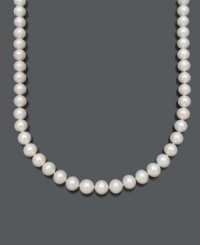 Duplicate the look of sophisticated style icons Audrey Hepburn and Jackie Onassis with a simple strand of pearls. Belle de Mer's chic necklace features smooth AAA cultured freshwater pearls (8-1/2-9-1/2 mm) set in 14k gold. Approximate length: 18 inches. Duplicate the look of sophisticated style icons Audrey Hepburn and Jackie Onassis with a simple strand of pearls. Belle de Mer's chic necklace features smooth AAA cultured freshwater pearls (8-1/2-9-1/2 mm) set in 14k gold. Approximate length: 18 inches.
