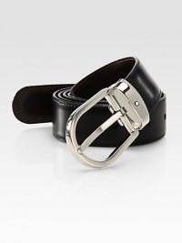 Polished, oval palladium-plated buckle, defines this reversible leather design with removable buckle, available in an extra-long size that you may tailor to fit your style and needs.LeatherAbout 1¼ wideImported