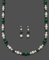 Fluid, flattering earth tones compliment every look. This gorgeous necklace and earrings set features cultured freshwater pearl (5-8 mm) and malachite (6-8 mm) set in sterling silver. Necklace measures approximately 18 inches. Earring drop measures approximately 1-1/2 inches. Fluid, flattering earth tones compliment every look. This gorgeous necklace and earrings set features cultured freshwater pearl (5-8 mm) and malachite (6-8 mm) set in sterling silver. Necklace measures approximately 18 inches. Earring drop measures approximately 1-1/2 inches.