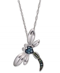 A flight of fanciness. This dragonfly pendant, set in sterling silver, dazzles with blue and green diamond accents (1/10 ct. t.w.) providing a lustrous touch. Approximate length: 18 inches. Approximate drop length: 1/2 inch. Approximate drop width: 3/4 inch. A flight of fanciness. This dragonfly pendant, set in sterling silver, dazzles with blue and green diamond accents (1/10 ct. t.w.) providing a lustrous touch. Approximate length: 18 inches. Approximate drop length: 1/2 inch. Approximate drop width: 3/4 inch.