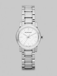A classic style with an iconic check stamped dial. Quartz movementWater resistant to 5 ATMRound stainless steel case, 26mm (1)Smooth bezelCheck stamped dialBar hour markersSecond hand Stainless steel link braceletMade in Switzerland A classic style with an iconic check stamped dial. Quartz movementWater resistant to 5 ATMRound stainless steel case, 26mm (1)Smooth bezelCheck stamped dialBar hour markersSecond hand Stainless steel link braceletMade in Switzerland
