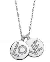 Spell it out in sparkle. CRISLU's chic double circle pendant spells out the word LOVE in two parts. Crafted in platinum over sterling silver and round-cut cubic zirconias (3/4 ct. t.w.). Approximate length: 16 inches + 2-inch extender. Approximate drop: 3/4 inch. Spell it out in sparkle. CRISLU's chic double circle pendant spells out the word LOVE in two parts. Crafted in platinum over sterling silver and round-cut cubic zirconias (3/4 ct. t.w.). Approximate length: 16 inches + 2-inch extender. Approximate drop: 3/4 inch.
