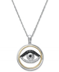 Ward away evil spirits in style! This stunning evil eye pendant features an intricate, cut-out setting that shines with sparkling, round-cut white diamonds (1/10 ct. t.w.) and black diamond accents. Comes with a matching rope chain. Crafted in 14k gold and sterling silver for ultimate versatility. Approximate length: 18 inches. Approximate drop: 9/10 inch.