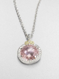 A sparkling pave frame of white sapphires encircles a rosy crystal on this elegant pendant design.Pink crystalSterling silverWhite sapphiresLength, about 17Pendant size, about 1Lobster clasp closureImported A sparkling pave frame of white sapphires encircles a rosy crystal on this elegant pendant design.Pink crystalSterling silverWhite sapphiresLength, about 17Pendant size, about 1Lobster clasp closureImported