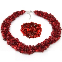 18 Multi Strands Red Coral Chips Cluster Necklace and Bracelet Set 18 Multi Strands Red Coral Chips Cluster Necklace and Bracelet Set