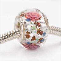 Murano Style Glass Lampwork Bead Fits Pandora Silver Foil with Rose 14mm (1) Murano Style Glass Lampwork Bead Fits Pandora Silver Foil with Rose 14mm (1)