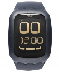 This black and gold digital watch from Swatch's Touch Black collection boasts innovative touch-screen technology, making it a multi-functional accessory. This black and gold digital watch from Swatch's Touch Black collection boasts innovative touch-screen technology, making it a multi-functional accessory.