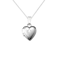 Sterling Silver Children's Hand Engraved Cross Heart Locket Pendant Necklace , 13