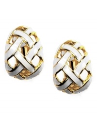 A must-have design you'll embrace in an instant, by AK Anne Klein. A chic basket weave pattern with ivory enamel makes these huggie hoop earrings a darling accessory. Set in gold tone mixed metal. Clip-on backing. Approximate drop: 1-1/3 inch. A must-have design you'll embrace in an instant, by AK Anne Klein. A chic basket weave pattern with ivory enamel makes these huggie hoop earrings a darling accessory. Set in gold tone mixed metal. Clip-on backing. Approximate drop: 1-1/3 inch.