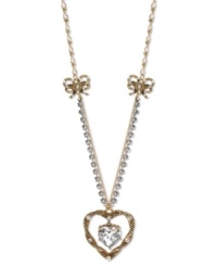 A lovely addition to your jewelry box. This long necklace from Betsey Johnson flaunts a dangling rope heart pendant with a crystal accent at the center. With a silver tone crystal cup chain accent and gold tone rope bows. Crafted in antiqued gold tone mixed metal. Approximate length: 32 inches + 3-inch extender. Approximate drop: 1-1/2 inches. A lovely addition to your jewelry box. This long necklace from Betsey Johnson flaunts a dangling rope heart pendant with a crystal accent at the center. With a silver tone crystal cup chain accent and gold tone rope bows. Crafted in antiqued gold tone mixed metal. Approximate length: 32 inches + 3-inch extender. Approximate drop: 1-1/2 inches.