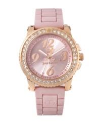 Juicy Couture knows what just what princesses want: pink, pink, pink and dash of gold. Pedigree watch features pink logo-embossed jelly strap and round rose gold-plated stainless steel case. Bezel crystallized with Swarovski elements. Brushed pink dial features rose goldtone logo, numerals at twelve, three, six and nine o'clock and a Time for Couture script ring. Quartz movement. Water resistant to 30 meters. Two-year limited warranty. Juicy Couture knows what just what princesses want: pink, pink, pink and dash of gold. Pedigree watch features pink logo-embossed jelly strap and round rose gold-plated stainless steel case. Bezel crystallized with Swarovski elements. Brushed pink dial features rose goldtone logo, numerals at twelve, three, six and nine o'clock and a Time for Couture script ring. Quartz movement. Water resistant to 30 meters. Two-year limited warranty.