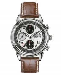 Strong design and renowned precision mark this Gemini collection watch by Bulova Accutron. Brown croc-embossed leather strap and round stainless steel case with clear back and curved sapphire crystal. Black chronograph dial with inner textured white dial features tachymeter scale, Roman numerals at markers, minute track, day and date window at three o'clock, three subdials, luminous hands and logo. Swiss mechanical movement. Water resistant to 50 meters. Five-year limited warranty. Strong design and renowned precision mark this Gemini collection watch by Bulova Accutron. Brown croc-embossed leather strap and round stainless steel case with clear back and curved sapphire crystal. Black chronograph dial with inner textured white dial features tachymeter scale, Roman numerals at markers, minute track, day and date window at three o'clock, three subdials, luminous hands and logo. Swiss mechanical movement. Water resistant to 50 meters. Five-year limited warranty.