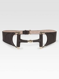Wide leather style, with horsebit front buckle, tapers to a buckled back.Light goldtone hardware About 3 wide Made in Italy Wide leather style, with horsebit front buckle, tapers to a buckled back.Light goldtone hardware About 3 wide Made in Italy