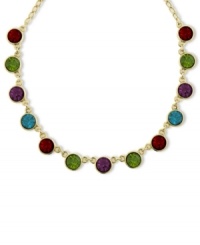 A cool drink of color. 2028's strand necklace incorporates colorful czech stones set in circular pendants. Crafted in gold tone mixed metal. Approximate length: 16 inches + 3-inch extender. A cool drink of color. 2028's strand necklace incorporates colorful czech stones set in circular pendants. Crafted in gold tone mixed metal. Approximate length: 16 inches + 3-inch extender.